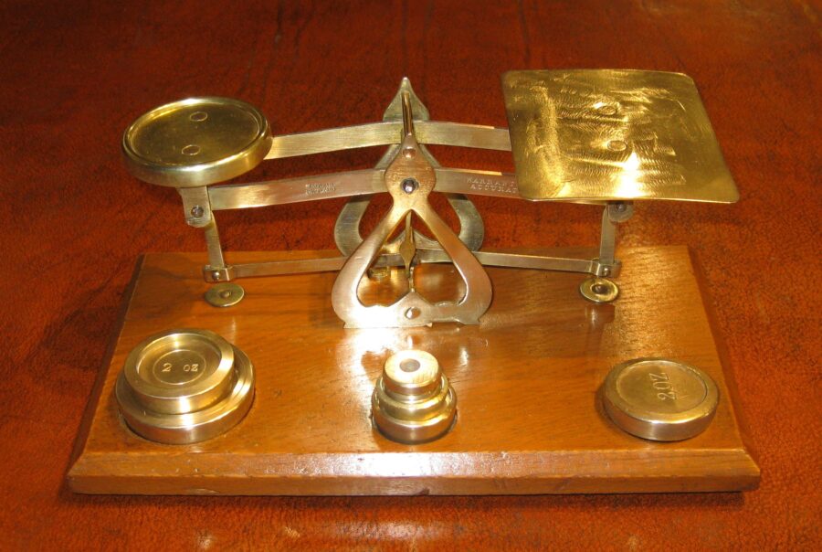 Set of Edwardian brass postal scales Dorking Desks