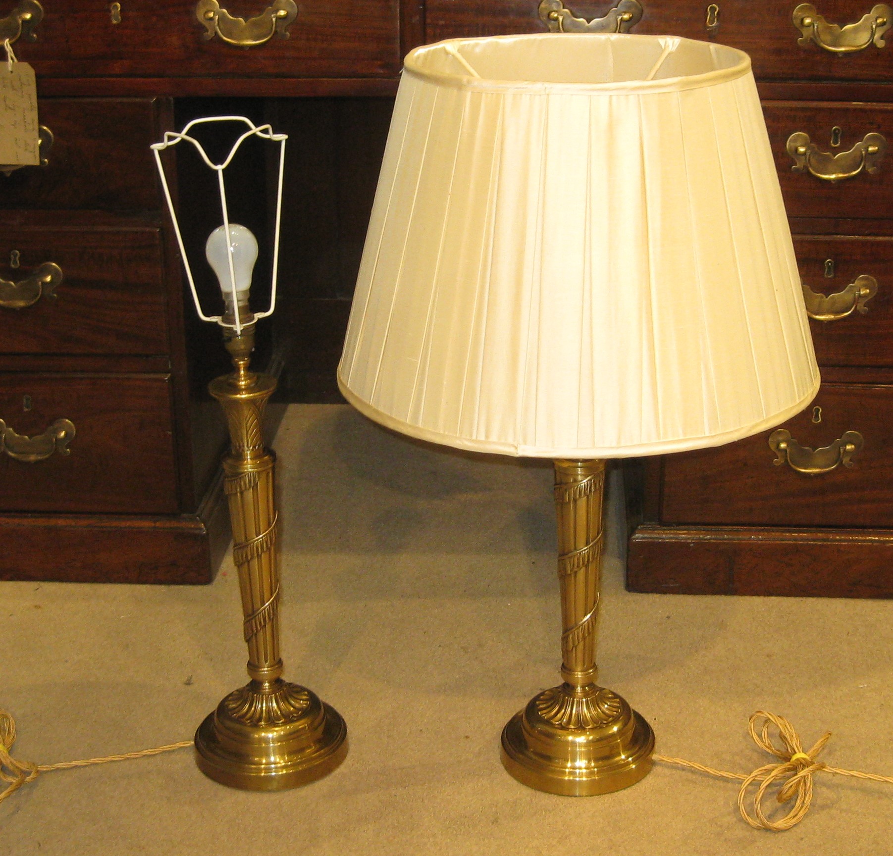 Fine quality pair of heavy solid brass table lamps.